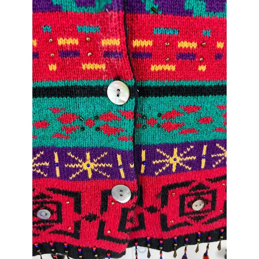 90s Carole Little Beaded Fringe Sweater Vest Colorful‎ Boho Festival L